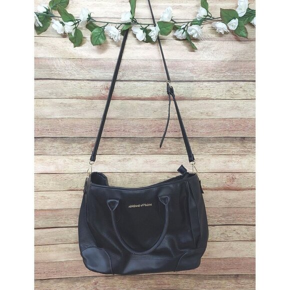 Adrienne Vittadini Black Weekender Tote Bag Double Handle Vegan Leather Zip Top - Picture 6 of 12
